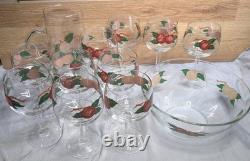 Vtg Franciscan Apple Punch Bowl Set 10 Glasses Pitcher Hand Painted Glassware