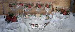 Vtg Franciscan Apple Punch Bowl Set 10 Glasses Pitcher Hand Painted Glassware