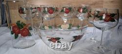Vtg Franciscan Apple Punch Bowl Set 10 Glasses Pitcher Hand Painted Glassware