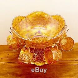 Vtg Imperial 474 Carnival Glass Marigold Punch Bowl 5 Cups with Hooks Set 12W 9H