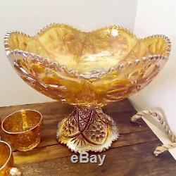Vtg Imperial 474 Carnival Glass Marigold Punch Bowl 5 Cups with Hooks Set 12W 9H