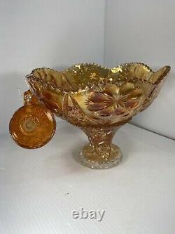 Vtg Imperial Carnival Glass, Punch Bowl, 2 Piece Iridescent, Stand, Marigold 3