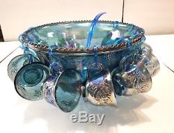 Vtg Indiana Blue Carnival Glass Harvest Grape Leaf Punch Bowl & 12 Cup Set