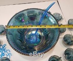 Vtg Indiana Blue Carnival Glass Harvest Grape Leaf Punch Bowl & 12 Cup Set