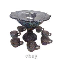 Vtg Indiana Carnival Amethyst Pedestal Punch Bowl Set Heirloom 1950s 9 Piece Set
