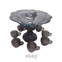 Vtg Indiana Carnival Amethyst Pedestal Punch Bowl Set Heirloom 1950s 9 Piece Set