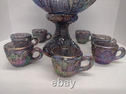 Vtg Indiana Carnival Amethyst Pedestal Punch Bowl Set Heirloom 1950s 9 Piece Set