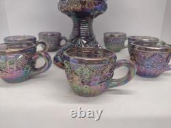 Vtg Indiana Carnival Amethyst Pedestal Punch Bowl Set Heirloom 1950s 9 Piece Set