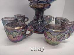 Vtg Indiana Carnival Amethyst Pedestal Punch Bowl Set Heirloom 1950s 9 Piece Set
