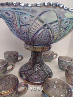 Vtg Indiana Carnival Amethyst Pedestal Punch Bowl Set Heirloom 1950s 9 Piece Set