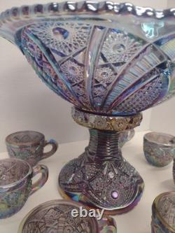 Vtg Indiana Carnival Amethyst Pedestal Punch Bowl Set Heirloom 1950s 9 Piece Set