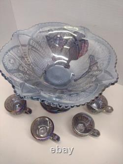 Vtg Indiana Carnival Amethyst Pedestal Punch Bowl Set Heirloom 1950s 9 Piece Set