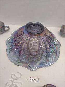 Vtg Indiana Carnival Amethyst Pedestal Punch Bowl Set Heirloom 1950s 9 Piece Set