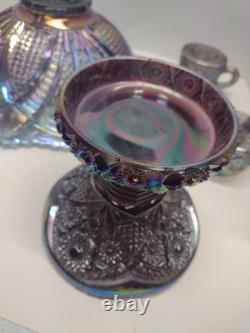 Vtg Indiana Carnival Amethyst Pedestal Punch Bowl Set Heirloom 1950s 9 Piece Set