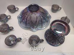 Vtg Indiana Carnival Amethyst Pedestal Punch Bowl Set Heirloom 1950s 9 Piece Set