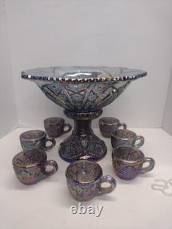 Vtg Indiana Carnival Amethyst Pedestal Punch Bowl Set Heirloom 1950s 9 Piece Set