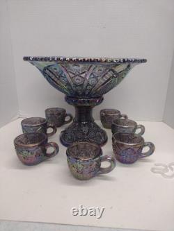 Vtg Indiana Carnival Amethyst Pedestal Punch Bowl Set Heirloom 1950s 9 Piece Set