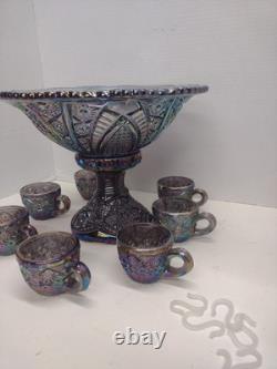Vtg Indiana Carnival Amethyst Pedestal Punch Bowl Set Heirloom 1950s 9 Piece Set