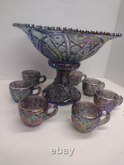 Vtg Indiana Carnival Amethyst Pedestal Punch Bowl Set Heirloom 1950s 9 Piece Set