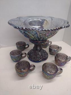 Vtg Indiana Carnival Amethyst Pedestal Punch Bowl Set Heirloom 1950s 9 Piece Set