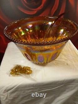 Vtg. Indiana Glass Harvest Grape Amber Gold Punch Bowl 12 Cups Ladle EC Gorgeous