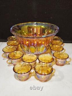 Vtg. Indiana Glass Iridescent Harvest Gold Carnival Glass Punch Bowl 13 pc. Set