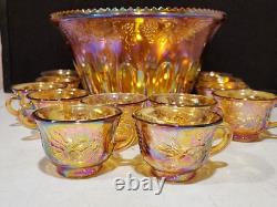 Vtg. Indiana Glass Iridescent Harvest Gold Carnival Glass Punch Bowl 13 pc. Set