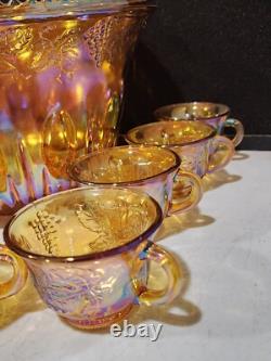 Vtg. Indiana Glass Iridescent Harvest Gold Carnival Glass Punch Bowl 13 pc. Set