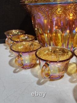 Vtg. Indiana Glass Iridescent Harvest Gold Carnival Glass Punch Bowl 13 pc. Set