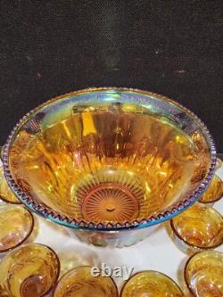 Vtg. Indiana Glass Iridescent Harvest Gold Carnival Glass Punch Bowl 13 pc. Set