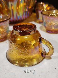 Vtg. Indiana Glass Iridescent Harvest Gold Carnival Glass Punch Bowl 13 pc. Set