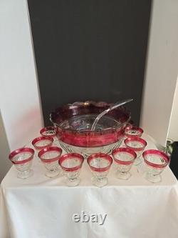 Vtg Indiana Glass Lexington Crown Ruby Punch Bowl Set 12 Footed Cups, Ladle, Box