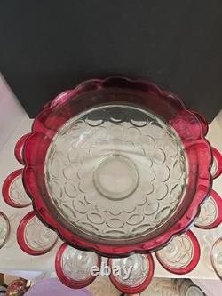 Vtg Indiana Glass Lexington Crown Ruby Punch Bowl Set 12 Footed Cups, Ladle, Box