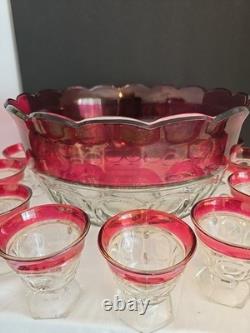 Vtg Indiana Glass Lexington Crown Ruby Punch Bowl Set 12 Footed Cups, Ladle, Box