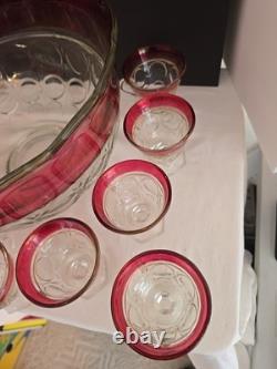 Vtg Indiana Glass Lexington Crown Ruby Punch Bowl Set 12 Footed Cups, Ladle, Box