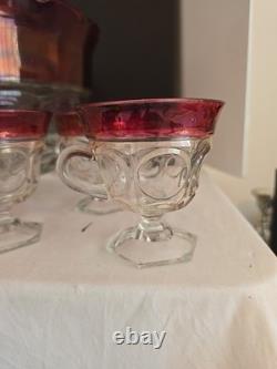 Vtg Indiana Glass Lexington Crown Ruby Punch Bowl Set 12 Footed Cups, Ladle, Box