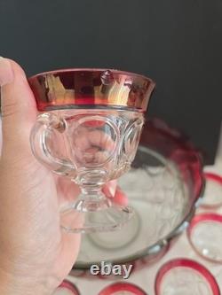 Vtg Indiana Glass Lexington Crown Ruby Punch Bowl Set 12 Footed Cups, Ladle, Box