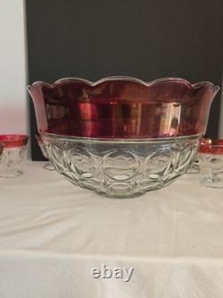 Vtg Indiana Glass Lexington Crown Ruby Punch Bowl Set 12 Footed Cups, Ladle, Box
