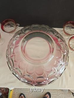 Vtg Indiana Glass Lexington Crown Ruby Punch Bowl Set 12 Footed Cups, Ladle, Box
