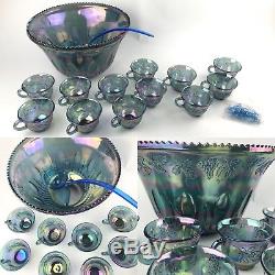 Vtg Indiana Glass PRINCESS Iridescent Blue Carnival Grape Punch Bowl 26pc Set