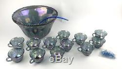 Vtg Indiana Glass PRINCESS Iridescent Blue Carnival Grape Punch Bowl 26pc Set