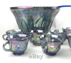 Vtg Indiana Glass PRINCESS Iridescent Blue Carnival Grape Punch Bowl 26pc Set