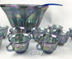 Vtg Indiana Glass PRINCESS Iridescent Blue Carnival Grape Punch Bowl 26pc Set
