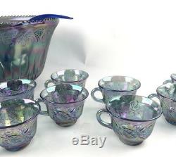 Vtg Indiana Glass PRINCESS Iridescent Blue Carnival Grape Punch Bowl 26pc Set