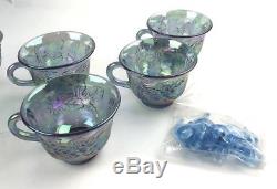 Vtg Indiana Glass PRINCESS Iridescent Blue Carnival Grape Punch Bowl 26pc Set