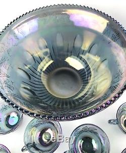 Vtg Indiana Glass PRINCESS Iridescent Blue Carnival Grape Punch Bowl 26pc Set