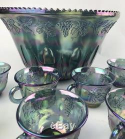 Vtg Indiana Glass PRINCESS Iridescent Blue Carnival Grape Punch Bowl 26pc Set