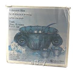 Vtg Indiana Glass PRINCESS Iridescent Blue Carnival Grape Punch Bowl 26pc Set