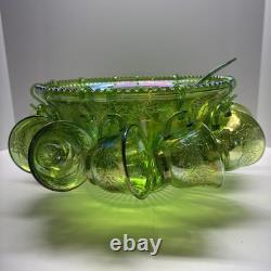 Vtg Indiana Harvest Grape Carnival Glass Iridescent Green Punch Bowl Set w Hooks