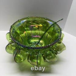 Vtg Indiana Harvest Grape Carnival Glass Iridescent Green Punch Bowl Set w Hooks